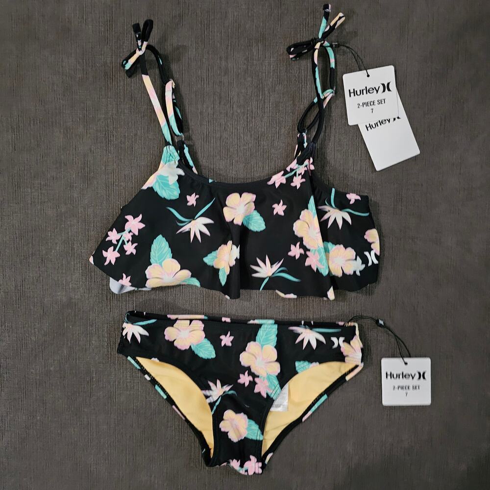 NWT Hurley Girl's Black Multi Floral Flounce Bikini Swimsuit 2 Piece Set Size 7